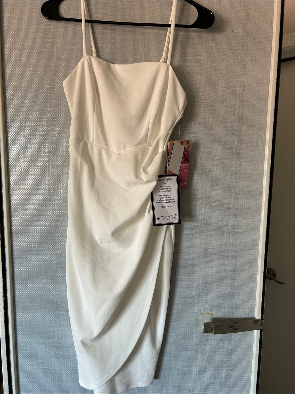 Macy's White Draped Midi Dress with Spaghetti Straps